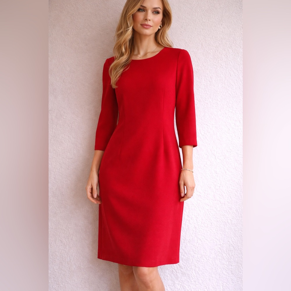 Jessica Howard Red Dress Size 14 Sheath Knee Length 3/4 Sleeve Career Formal
